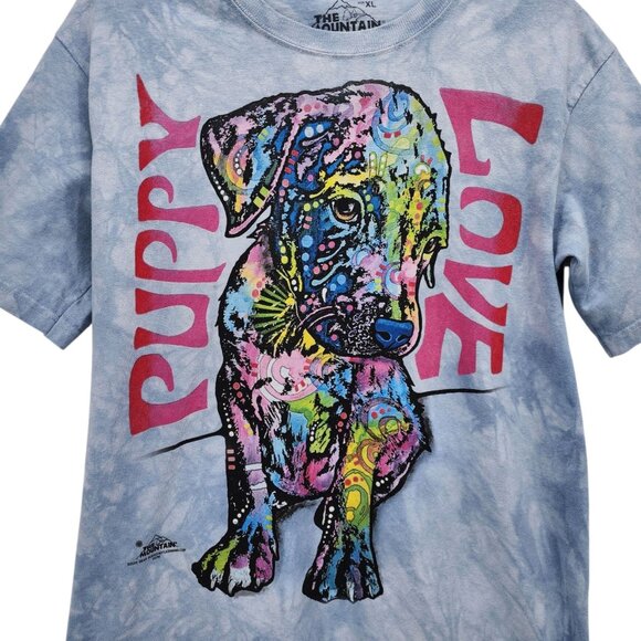 The Mountain Child XL T-Shirt Puppy Love Graphic Blue Tie Dye Multicolor Top - Picture 2 of 7